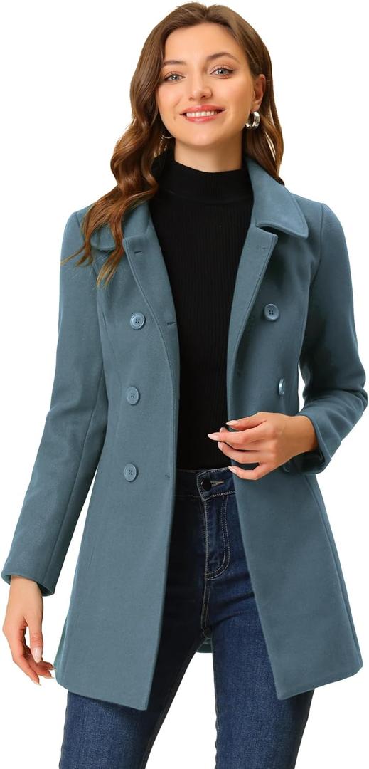 Allegra K Women's Peter Pan Collar Double Breasted Winter Long Trench Pea Coat (XS)
