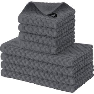 Fintale 100% Cotton Kitchen Towels and Dishcloths Set, 12 x 12 & 15 x 25 Inches, Set of 8 Bulk Super Soft and Absorbent Terry Cloth Dish Towels, Quick Drying Hand Towels with Hanging Loop, Dark Grey