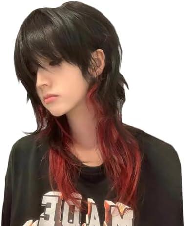 TEDPRBGE Mullet Wig Black Mix Red Wolf Cut Layered With Bang Heat Resistant Natural Looking for Women