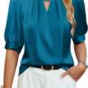 Blooming Jelly Women's Dressy Business Casual Blouses Silk Puff Sleeve Tops Summer Outfits V Neck Pleated Work Shirts 2025 (Blue) S