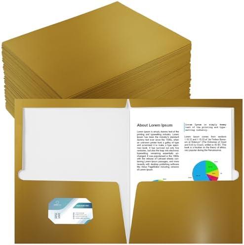 Yeaqee 100 Pack 2 Pockets Glossy Laminated Paper Folder First Day of School Presentation Folder Letter Size Two Pocket File Portfolio Holder Back to School Items Bulk for Teacher Office (Gold)