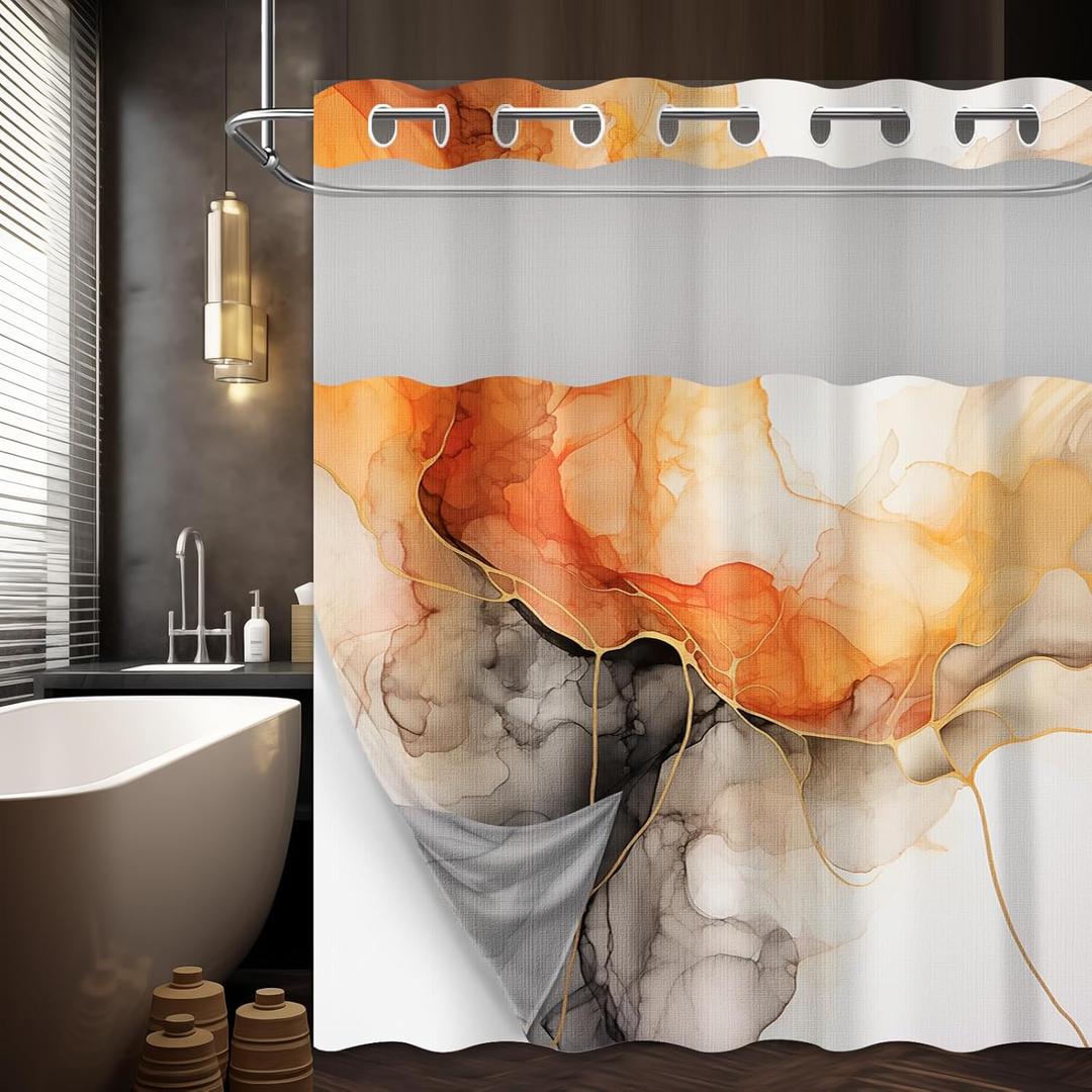 Orange Marble Hookless Shower Curtain with Snap in Liner, Crack Orange and Gold Double Layer Shower Curtain and Liner Set, No Hook with Mesh Top Window Waterproof Cloth Fabric, 71" W x 74" L