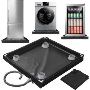 Wibeelee Washing Machine Pan 31.9 X 31.9 X 2.7 Inch Washing Machine Drain Pan with 4 PCS Anti-Vibration Foot Pads and Drain Hole Hose for Washer Dryer Floor Protection