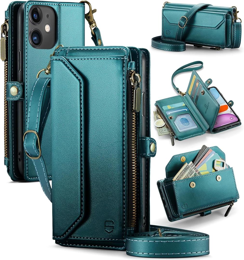 Wallet Case Compatible with iPhone 11 RFID Blocking 7-Card Holder Soft PU Leather Magnetic Snap Shoulder Strap Zipper Pocket Phone Case Fit for iPhone 11 for Women 6.1" - Blue Green