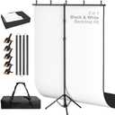 Qoolfoto 5x8ft Black and White 2in1 Revisible Photo Backdrop with Stand | White Black Backdrop Background with Portable T-Shape Stand, Carry Bag and 5 Clamps for Photography Video Meeting Streaming