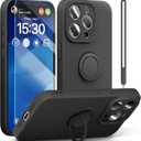 pcgaga Silicone Phone Case for iPhone 15 Pro Max with Screen Protector [Ring Holder Stand] [Wrist Strap] [Microfiber Lining] Slim Shockproof Protective Cover, 6.7 Inch (Black)