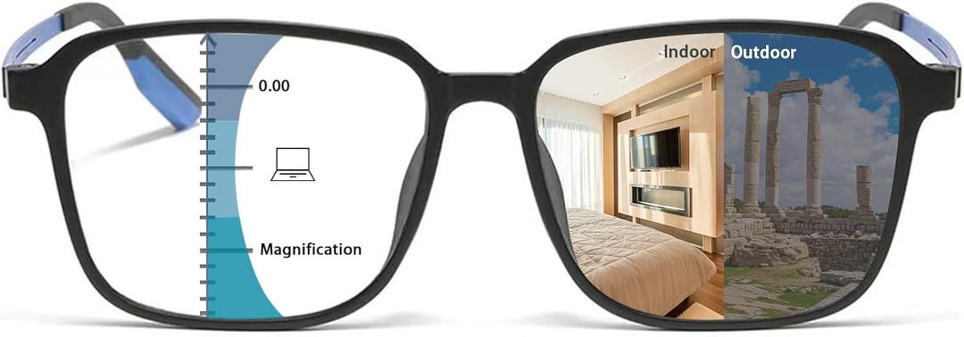 K.LAVER Full Frame Progressive Photochromic Blue Light Reading Glasses Men | Multifocus Lenses, Transition Lenses, UV Protection, Readers for Men and Women, Magnification Strength: 1.5 x