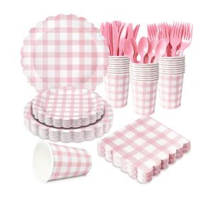 175 PCS Pink Gingham Party Supplies Includes Pink Gingham Paper Plates, Cups, Napkins, Cutlery for Baby & Bridal Shower, Wedding, Birthday Party, Outdoor Picnic, Serves 25