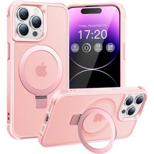 Magnetic Ring Stand Case for iPhone 14 Pro Max - 120° rotatable Stand, N52 Magnet, Non-Slip, Matt Transparent Back, Easy to Clean, Shockproof, Military Standard Drop Protection (Pink)