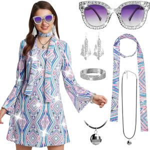 Women's 70s Disco Dress Costume, Hippie Outfit 6 Pcs, Retro Disco Dress-PLEASE ORDER ONE SIZE UP for Party Cosplay (M)