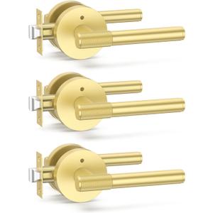 Amerdeco 3 Pack Brushed Gold Door Handles Interior, Knurled Privacy Door Handles with Lock,Gold Door Lever for Bedroom or Bathroom,Reversible Keyless for Left Right Handed Doors AM0027
