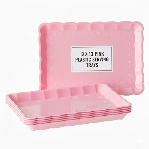 6 Pack Pink Plastic Serving Trays for Party, 9 x 13 Inch - Heavy Duty Plastic Trays for Food - Rectangular Party Serving Trays and Platters - Pink Disposable Trays