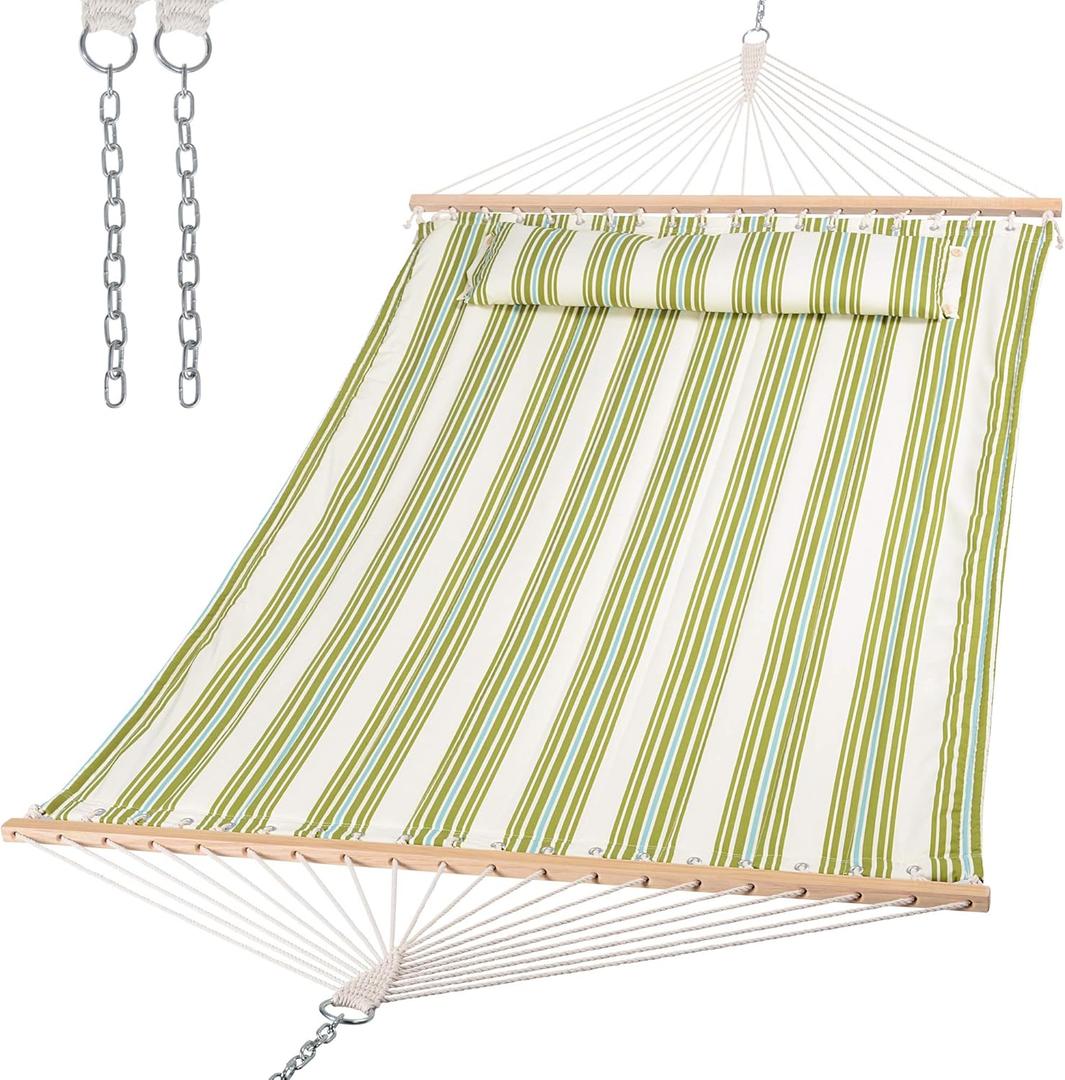 SUNCREAT Hammock 2 Person Heavy Duty, Double Hammocks for Trees, 2 Person Hammock with Spreader Bar, Green & Beige, 122"L x 55.1"W