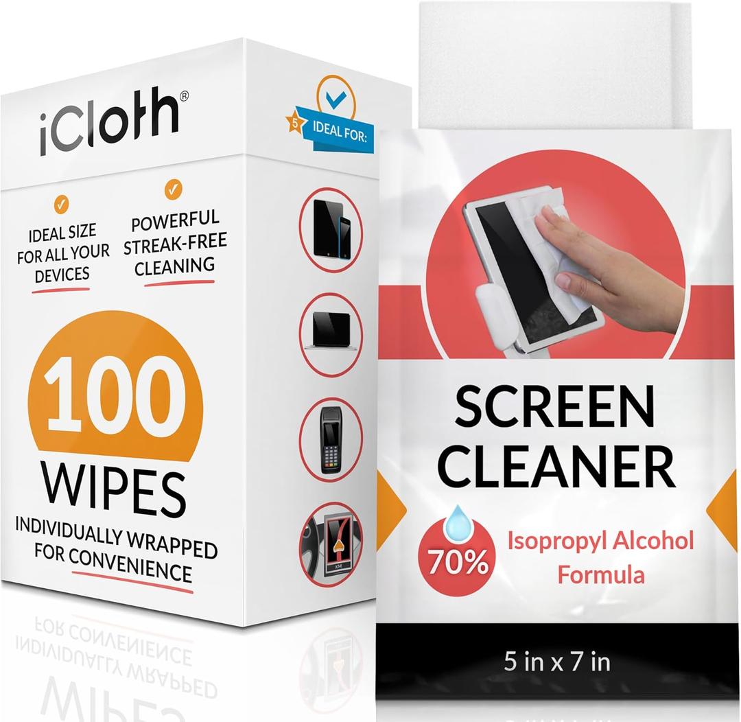 iCloth 70% Isopropyl Large Screen and Electronics Wipes, Lint-Free, Streak-Free, Fast-Drying, Removes Dust and Fingerprints (100 Wipes)