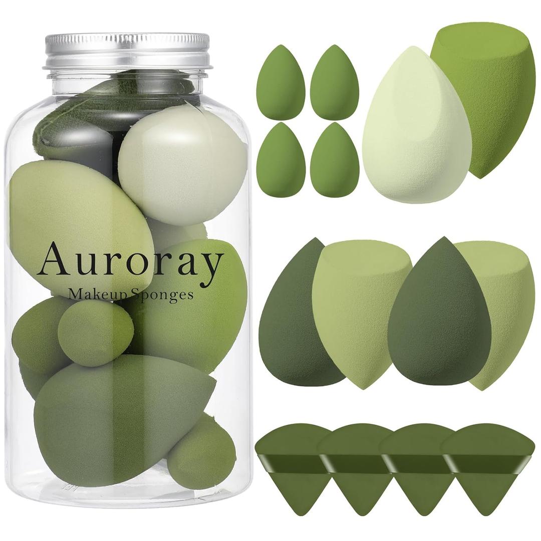 14 Pcs Makeup Sponge Set, Beauty Sponges Blender with 4 Pcs Powder Puff and 4 Pcs Mini Make up Sponges St. Patrick's Day Gift for Liquid,Foundation,Powder,Concealer,Cream (Green)