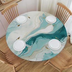Teal Turquoise Beige Grey Art Marble Round Tablecloth, Waterproof Elastic Fitted Table Cloth, Circle Cover for Indoor Dining & Outdoor Picnic Decor, S