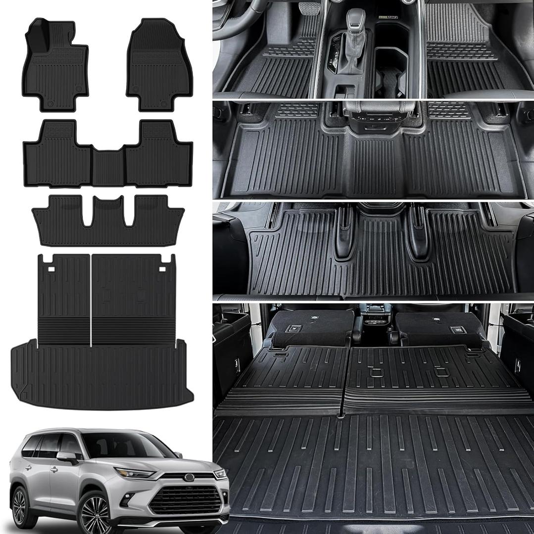 Floor Mats Cargo Mat with Backrest Mat for 2024 2025 2026 Toyota Grand Highlander 7 Seat Car Mat Accessories, All Weather TPE Cargo Liner Trunk Mat (Grand Highlander-Full Set)