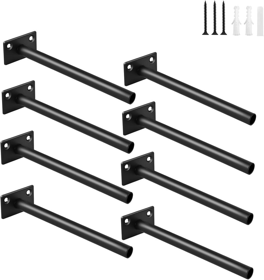 8 Pcs 6" Black Steel Floating Shelf Bracket Blind Shelf Supports - Hidden Brackets for Floating Wood Shelves - Concealed Blind Shelf Support  Screws and Wall Plugs Included