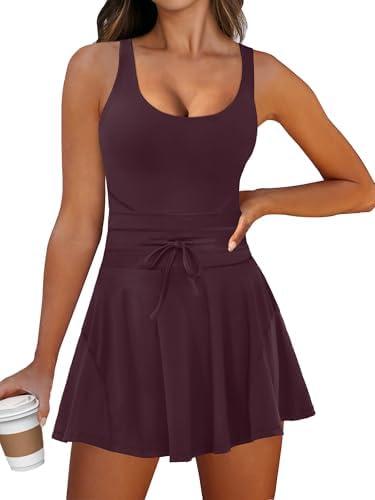 Caracilia Women's Tennis Mini Dresses Workout Built in Shorts Golf Athletic Sleeveless One Piece Summer Active Romper Dress Size M