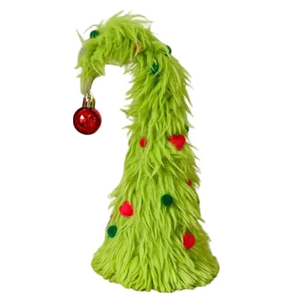 Set of 2 Christmas Table Tree Decor  12.5'' Lighted Green Plush Christmas Tabletop Mini Tree Decorations with Red Balls Stars, Indoor Xmas Home Decor for Table Office Mantle