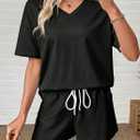 SHEWIN Women's 2 Piece Short Sets V Neck Short Sleeve T-Shirts and Drawstring Shorts Beach Vacation Outfits with Pockets (Black, S)