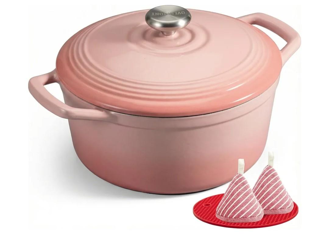 Overmont Enameled Cast Iron Dutch Oven - 5.5QT Pot with Wide Handles Lid Cookbook & Cotton Potholders - Heavy-Duty Pre-Seasoned Cookware Oven Safe to 500°F for Braising, Stews, Roasting, Sourdough Baking