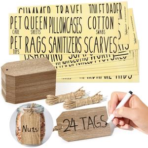 Talented Kitchen 24 Pack Natural Wooden Hanging Tags, 4.33x2.5 in, 70 Black Preprinted Labels, String, Hanging Labels for Kitchen, Laundry & Bathroom Storage Organization