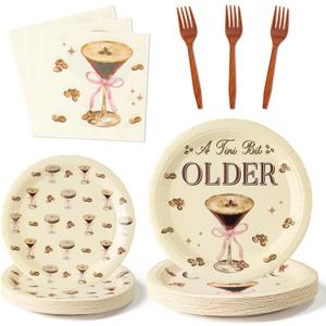 Martini Bow A Tini Bit Older Espresso Martini Cocktail Coffee Party Plates Supplies - Serves 24-96Pcs Party Tableware Decorations Disposable Paper Plates Napkin Fork for Birthday Bar Party