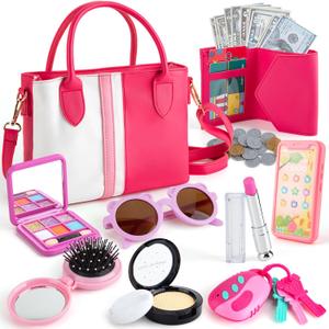 Juboury Play Purse for Little Girls, Pretend Play Accessories with Wallet, Toy Phone, Credit Card, Keys, Princess Pretend Makeup Girl Toys for 3 4 5 6 7 8 Years Old