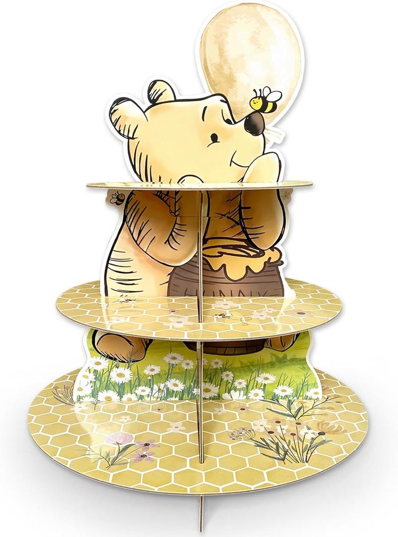 Classic Winnie Cupcakes Holder, Cute Bear 3 Tier Cardboard Cupcake Stands for Party Supplies, Winnie Cupcake Party Supplies for Baby Shower Decorations