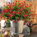 Grunyia 10 Bundles Artificial Fake Flowers, Faux Outdoor Plastic Plants UV Resistant Shrubs Outside Indoor Decorations (Red-Eucalyptus)