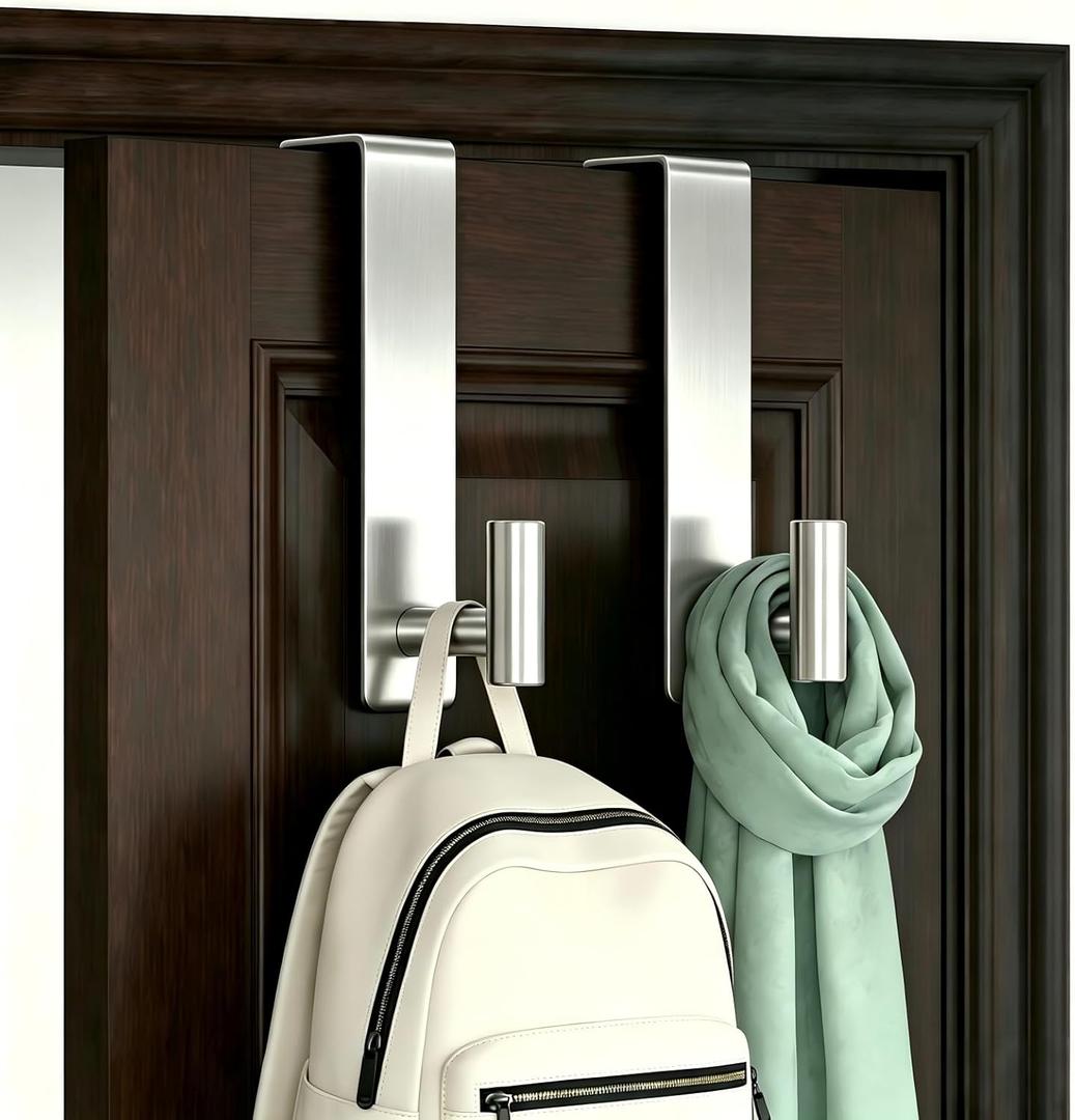Heavy Duty Rustproof Stainless Steel Over-Door Hook for Coats, Totes, Towels Easy Install Door Hooks with Non-Slip Pads for Bedroom Bathroom Entryway Office (Silver, 2 Pack, Fits 1-3/4" Thick Door)
