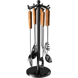 Kitchen Countertop Utensil Holder, Stainless Steel Rotatable Cooking Utensils Holder with 8 Rotating Hooks, Hanging Organizer for Spoon, Spatula, Black