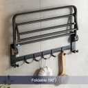 VOLPONE 24 Inch Towel Rack with Towel Bar Holder Foldable Towel Shelf with Movable Hooks Rustproof Towel Storage Wall Mount for Bathroom Lavatory Matte Black