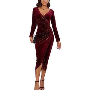 CYiNu Women's V Neck Wrap Velvet Long Sleeve Elegant Bodycon Ruched Cocktail Party Maxi Dress, Red, S