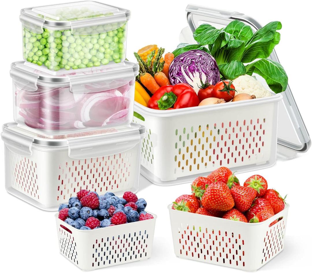 TBMax Fruit Storage Containers for Fridge Organizers and Storage, 4 Pack Large Produce Saver with Airtight Lid & Colander for Berry Lettuce Salad Vegetable Storage, Refrigerator Organizers