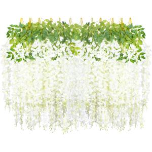 24 Pack Artificial Fake Wisteria Vine Rattan (3.75 Feet) Hanging Garland Silk Flowers String Home Party Wedding Decor (White)