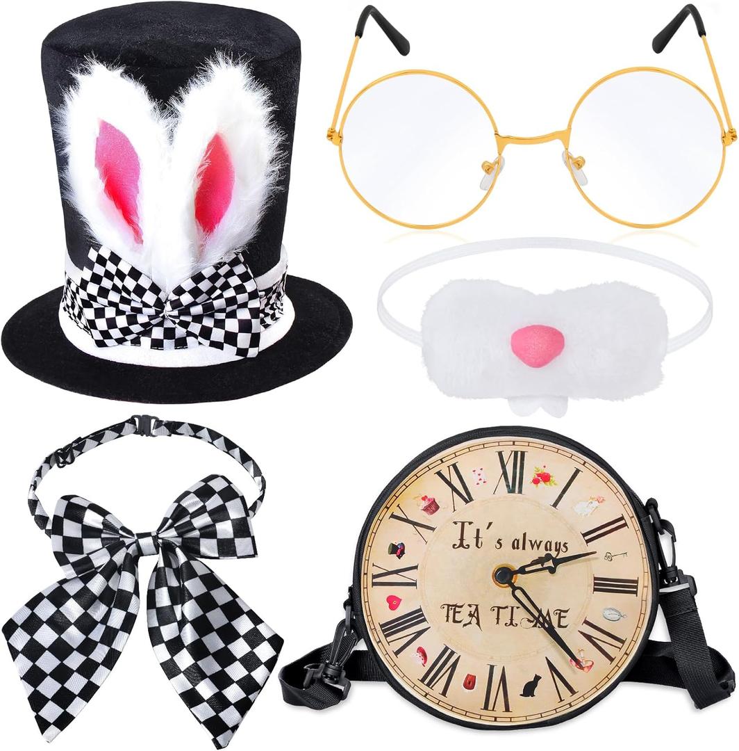Kyson Fancy White Rabbit Costume Accessories Set 5Pcs Bunny Ear Top Hat,Bow Tie,Nose,Glasses,Clock Bag for Halloween Easter