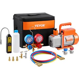 VEVOR 4.5 CFM AC Vacuum Pump and Gauge Set, Single Stage Rotary Vane HVAC Air Vacuum Pump, A/C Refrigerant Manifold Gauge Kit, with Leak Detector Hoses, for R134a, R12, R22, R502a, R410A, R404, R407C