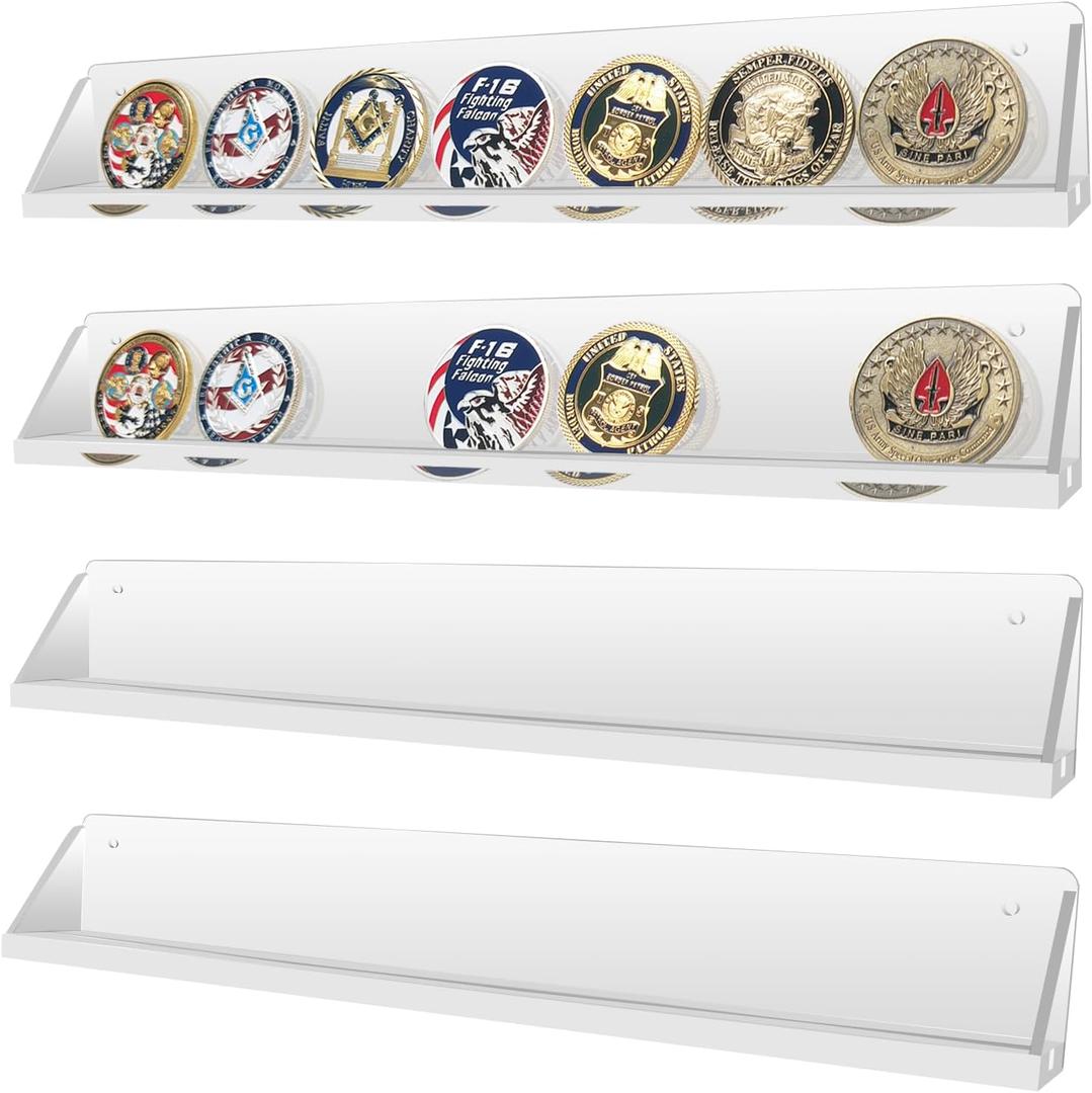 VINJKZQ Clear Acrylic Challenge Coin Display Holder,Wall Mounted Acrylic Casino Poker Chip Collectors Display Rack stand, Single Row Military Coins belt buckle badge Collection Shelf,Set of 4
