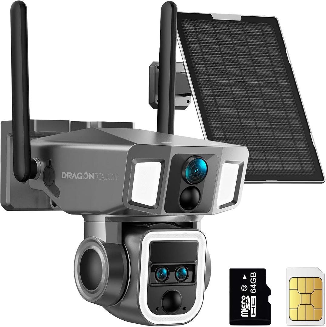 Dragon Touch 4G LTE Cellular Security Camera Outdoor, 4K Wireless Solar Bullet-PTZ Cam, 3 Lens, 10x Optical Zoom, 4G or WiFi 2 Mode, 360 PTZ AI Tracking, SIM Card and 64GB SD Card Included