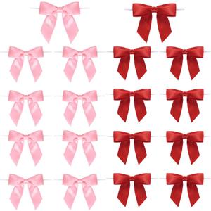 50 Pcs Twist Tie Bows for Treat Bags Satin Ribbon for Crafts Party Favors Wedding Baby Shower Decor (Red and Pink)