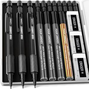 Four Candies 1.3mm Mechanical Pencil Set with 48 Lead Refill, 3PCS Metal Weatherproof Body Heavy Duty Carpenter Pencil, 3 Eraser, 12 Eraser Refill, for Outdoor Woodworking Drafting Marking with Case (22PCS)