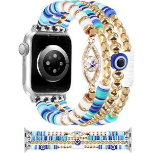 JR.DM Beaded Bracelet Compatible with Apple Watch 38mm 40mm 41mm 42mm Women Kids Girls Stretchy Gillter Evil Eyes Jewelry Handmade Watch Strap for iWatch Series 10/9/8/7/SE/6/5/4/3/2/1 (Blue, M)