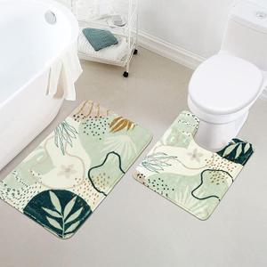 Uphome Bath Mats for Bathroom, Cute Green Plant Toilet Rugs U Shaped, Non Slip Washable Soft Bath Mat, Abstract Botanical Bathroom Carpet, Mid Centry Aesthetic Contour Bath Rug for Toilet Sink Tub, Size: 20x31+U Shape 20x24 inch
