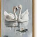 Vintage Romantic Swan Couple Framed Wall Art 12x16 Canvas Print, Two White Swans on Serene Lake with Water Lilies, Rustic Animal Bird Nature Painting Bedroom Hallway Wedding Decor (16L" x 12W")