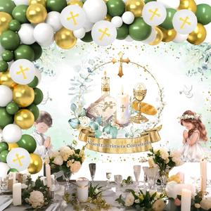 First Communion Baptism Decorations Primera Comunion Decoracion,Nuestra Primera Comunion Backdrop Banner Green and Gold First Communion Balloon Arch,God Bless Bautizo 1st Holy Communion Decor