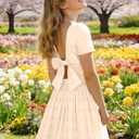 Putysenxi Girls Dresses Tie Back Swiss Dot Short Sleeve Square Neck Casual Spring Summer Teens Princess Midi Dress Champagne, (9-10Y)