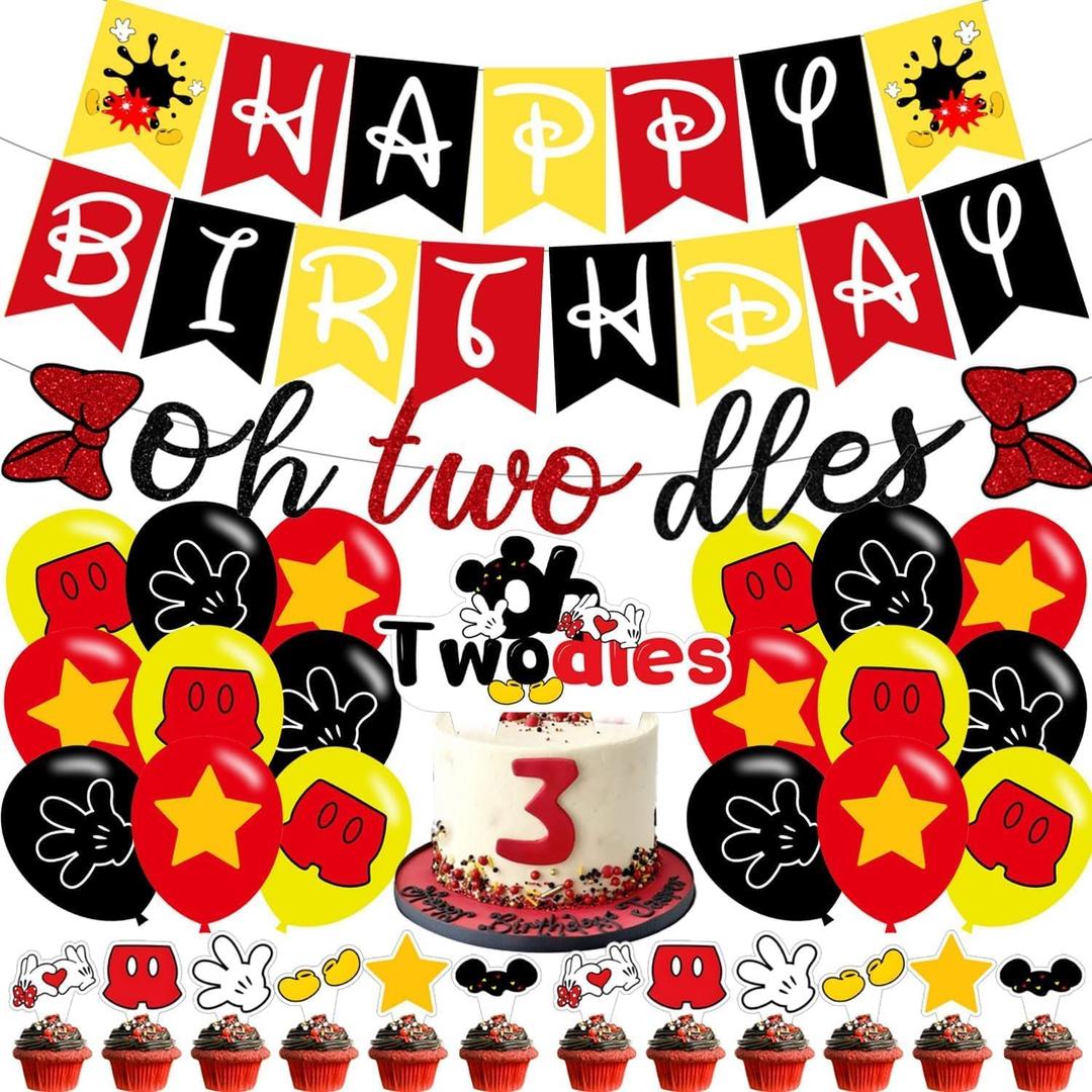 2 x Oh Twodles Banner ,Happy 2nd Birthday Party Decor for Girls Boys - Cartoon Mouse Second 2nd Birthday Theme 2 Party Decorations Supplies