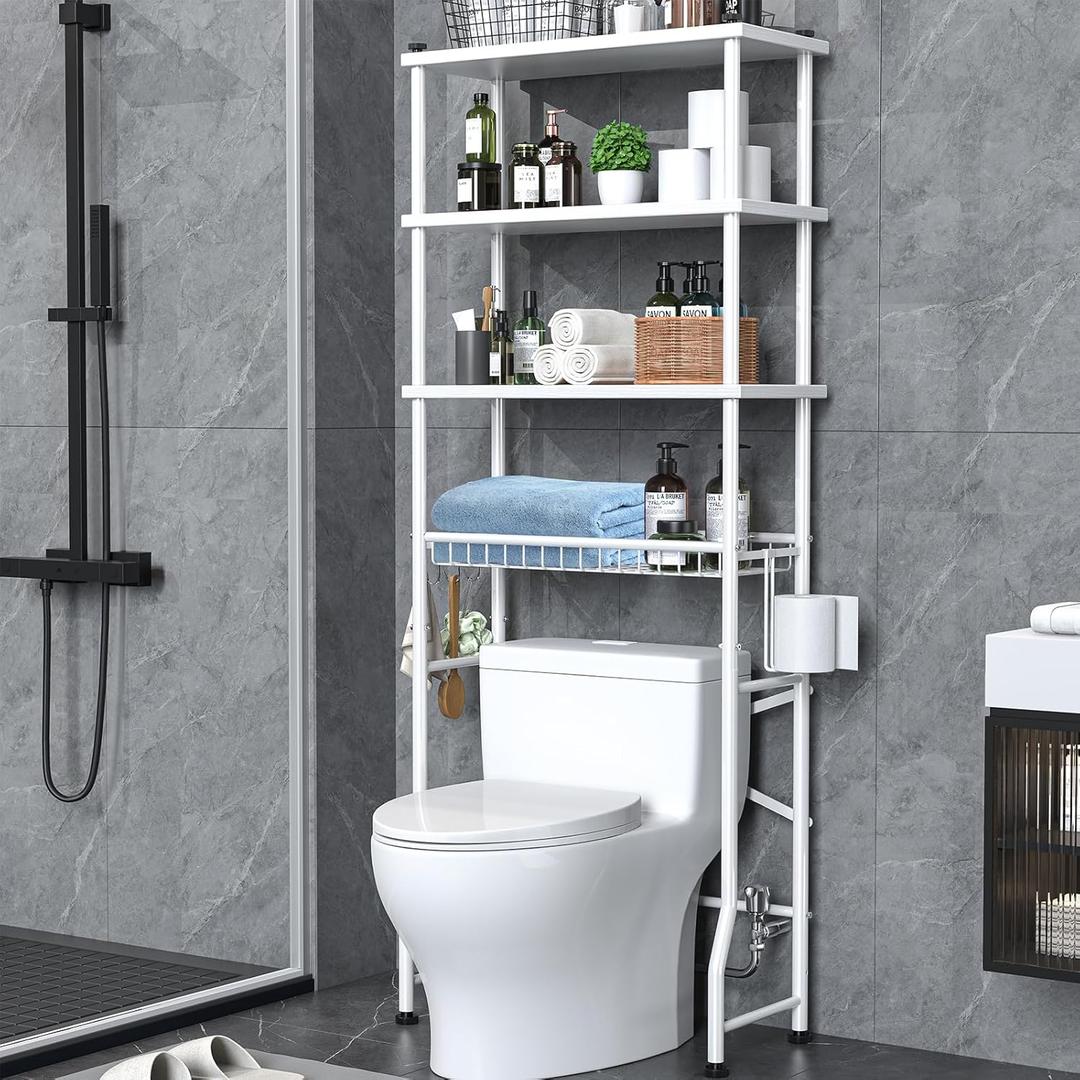 Over the Toilet Storage shelf, 4-Tier Bathroom Organizer Rack, Easy To Install with Adjustable Feet Pad and Basket Freestanding Bathroom Shelves Above Toilet, Space Saver Toilet Storage Cabinet(White), 24 x 11 x 65.5 inches
